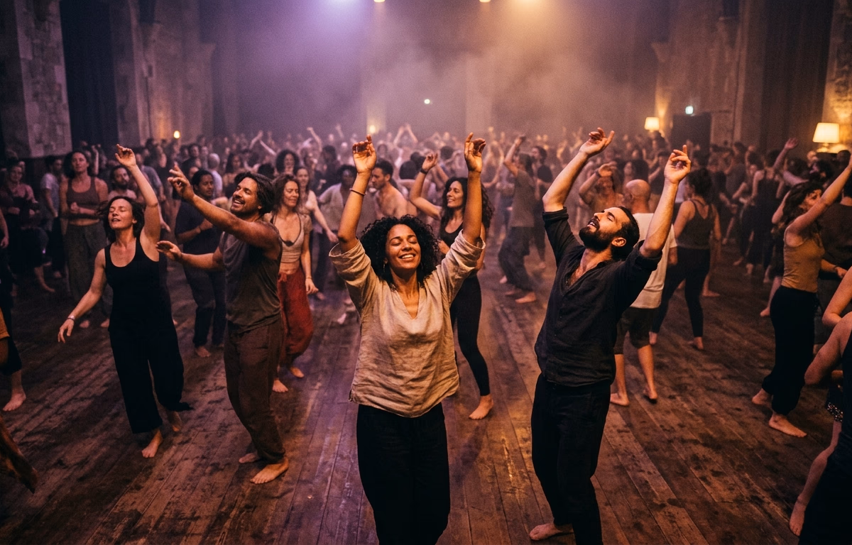 Tanzende Menschen in ekstatischer Bewegung bei warmem violettem Licht