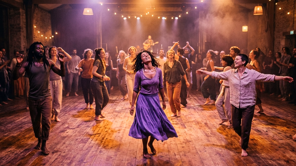 Gruppe tanzender Menschen mit geschlossenen Augen, versunken in der Musik